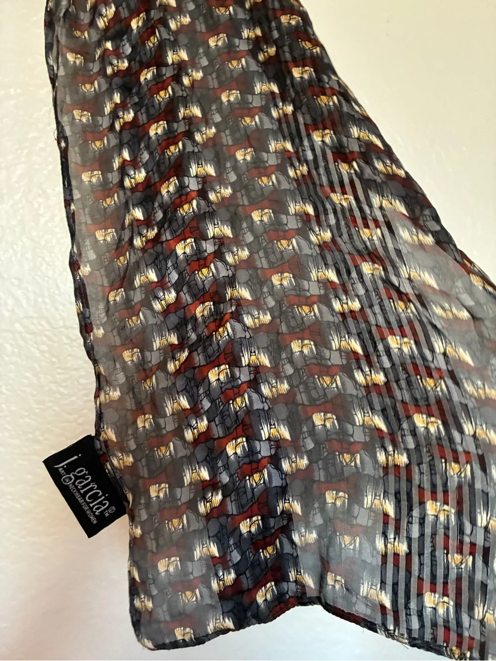 J. Garcia 100% Silk Lightweight Red/Black/White/Yellow Patterned Scarf Artsy
